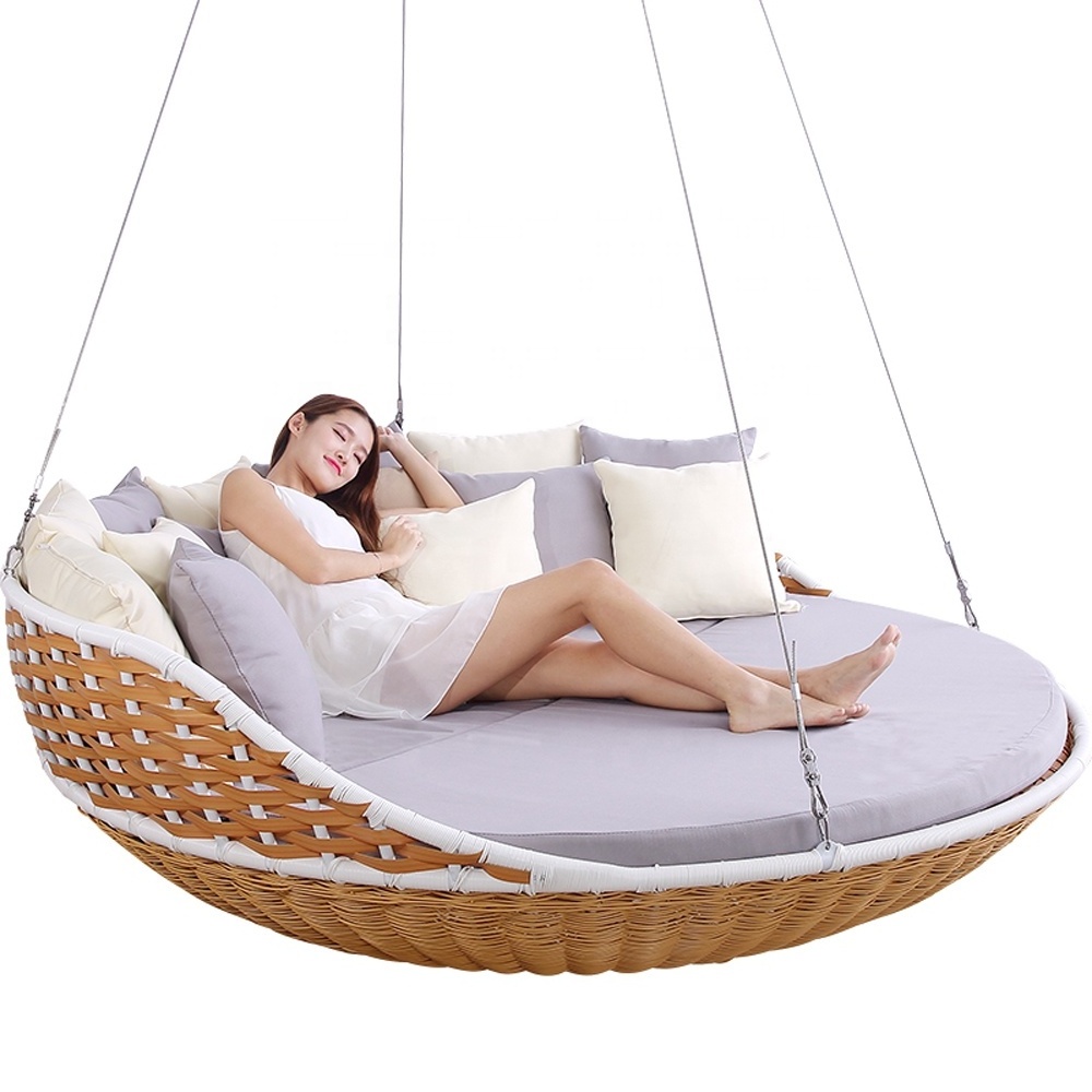 Metal Frame Rattan Woven waterproof Patio Garden Big Swing Round Bed Hanging