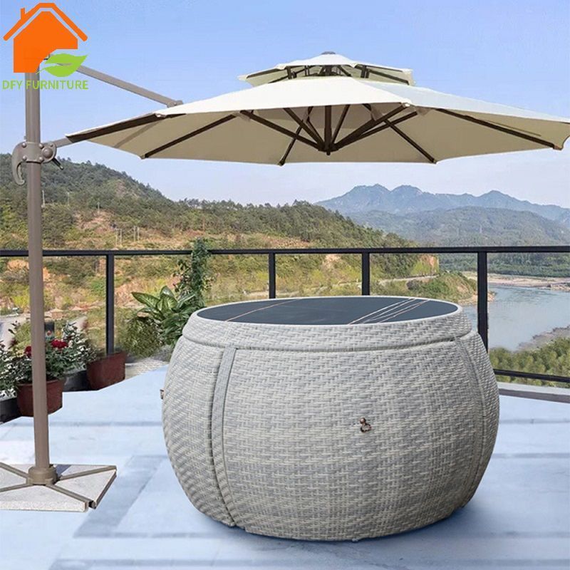 Outdoor rattan table furniture space saving storage metal table and chair set