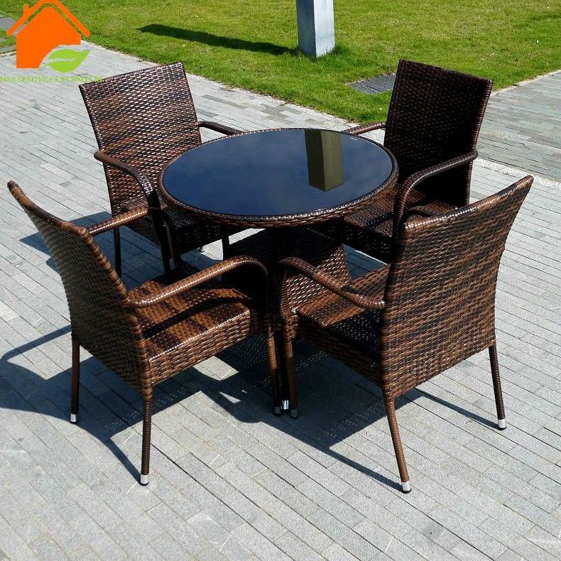 Patio table set furniture brown color plastic rattan wicker restaurant glass table and chairs for garden furniture