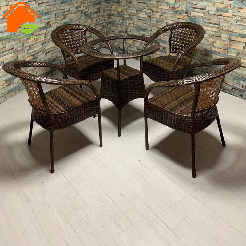 Patio table set furniture brown color plastic rattan wicker restaurant glass table and chairs for garden furniture