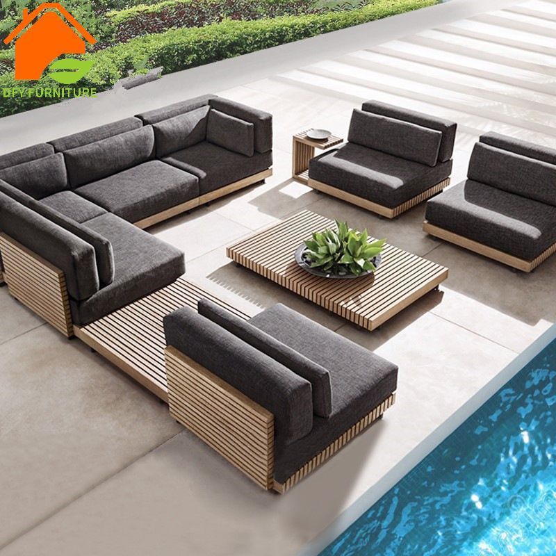 Customized modern teak l shape sofa set solid wooden sectional sofa indoor living room furniture