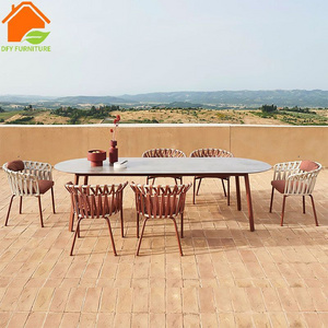 Patio furniture marble ceramic top dining table and 10 seater chairs set outdoor aluminum  restaurant furniture set