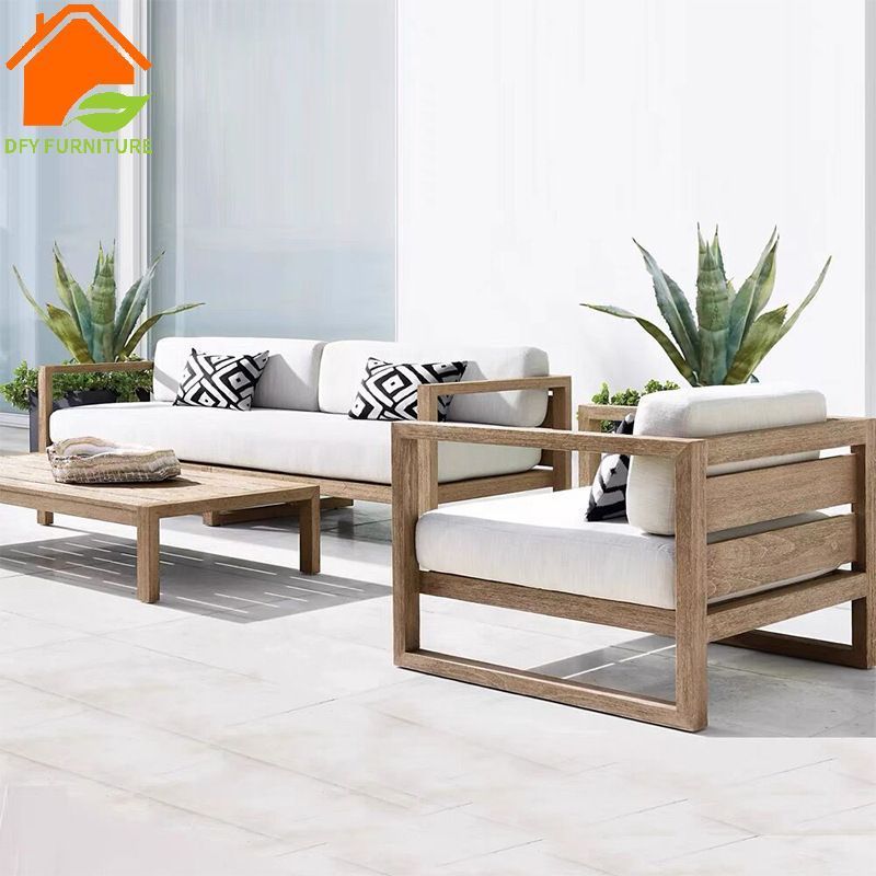 Factory Custom Garden Set High End Patio Fabric All Weather Outdoor Teak Wooden Sofa Furniture