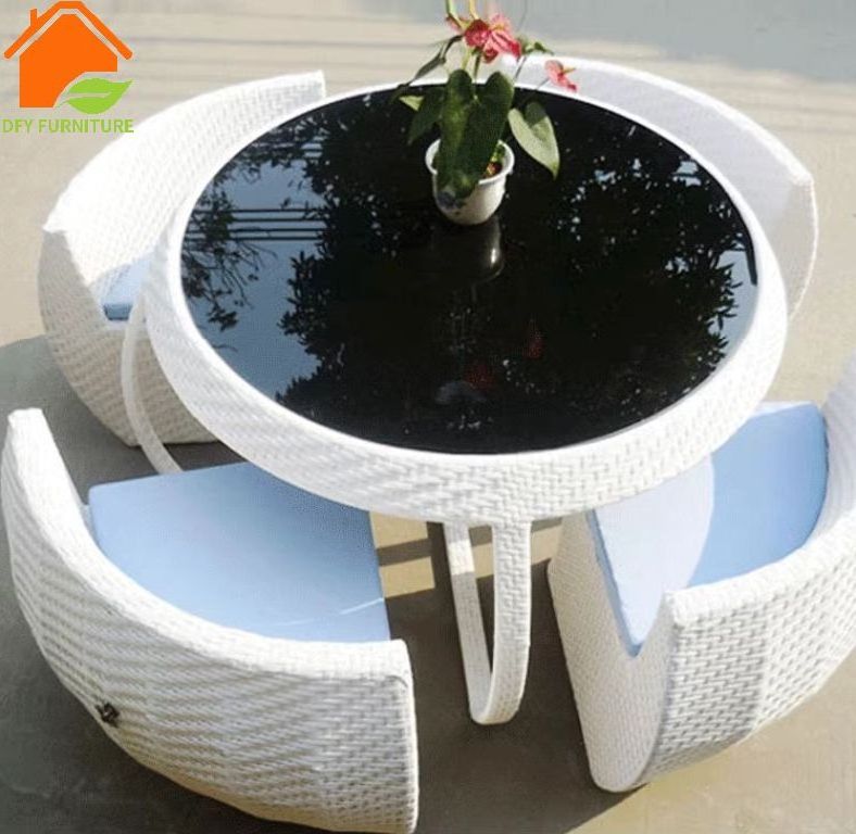 Outdoor rattan table furniture space saving storage metal table and chair set