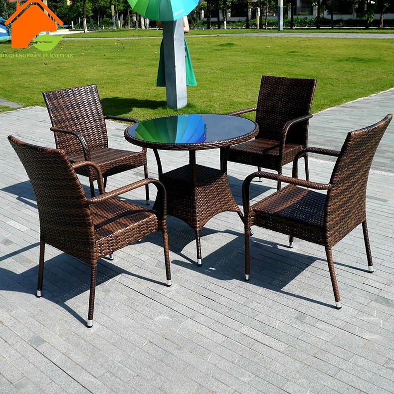 Patio table set furniture brown color plastic rattan wicker restaurant glass table and chairs for garden furniture