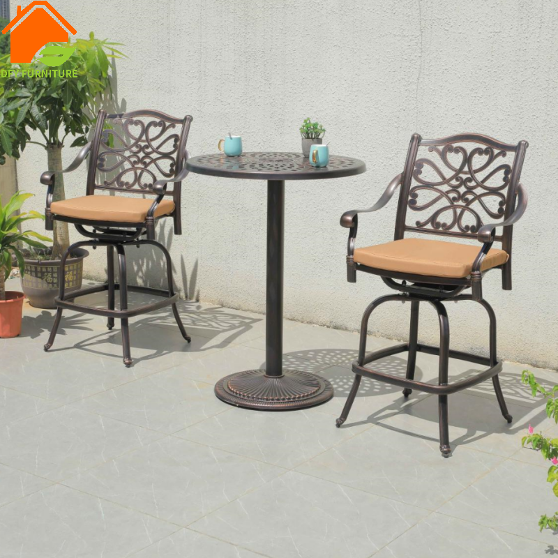 Courtyard wrought iron bar table and swivel stool set Outdoor metal round bar wine counter and chairs with armrest stools