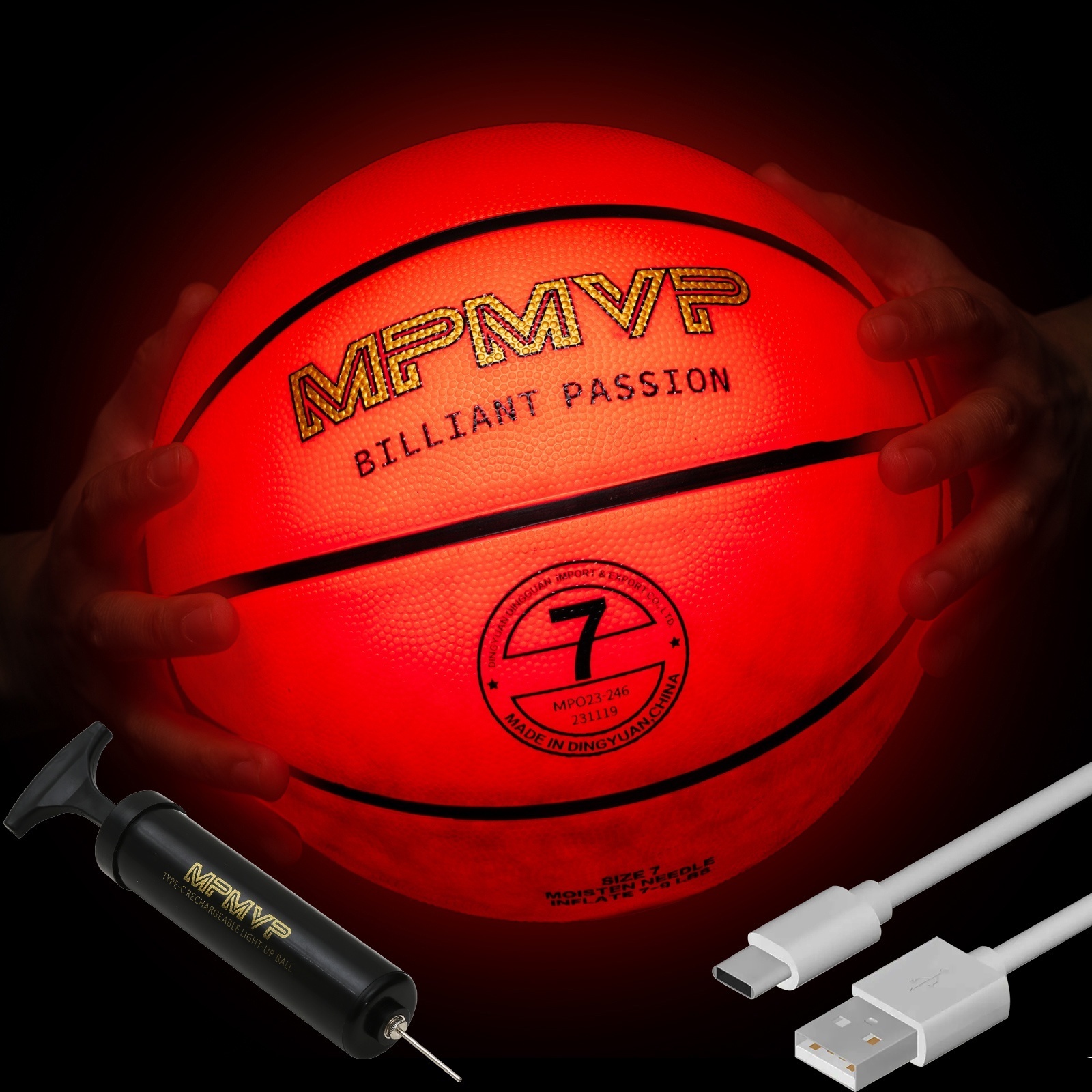 MPMVP USB LED charging led basketball Size 7 glow in the dark Luminous glowing rechargeable light up led rubber basketball