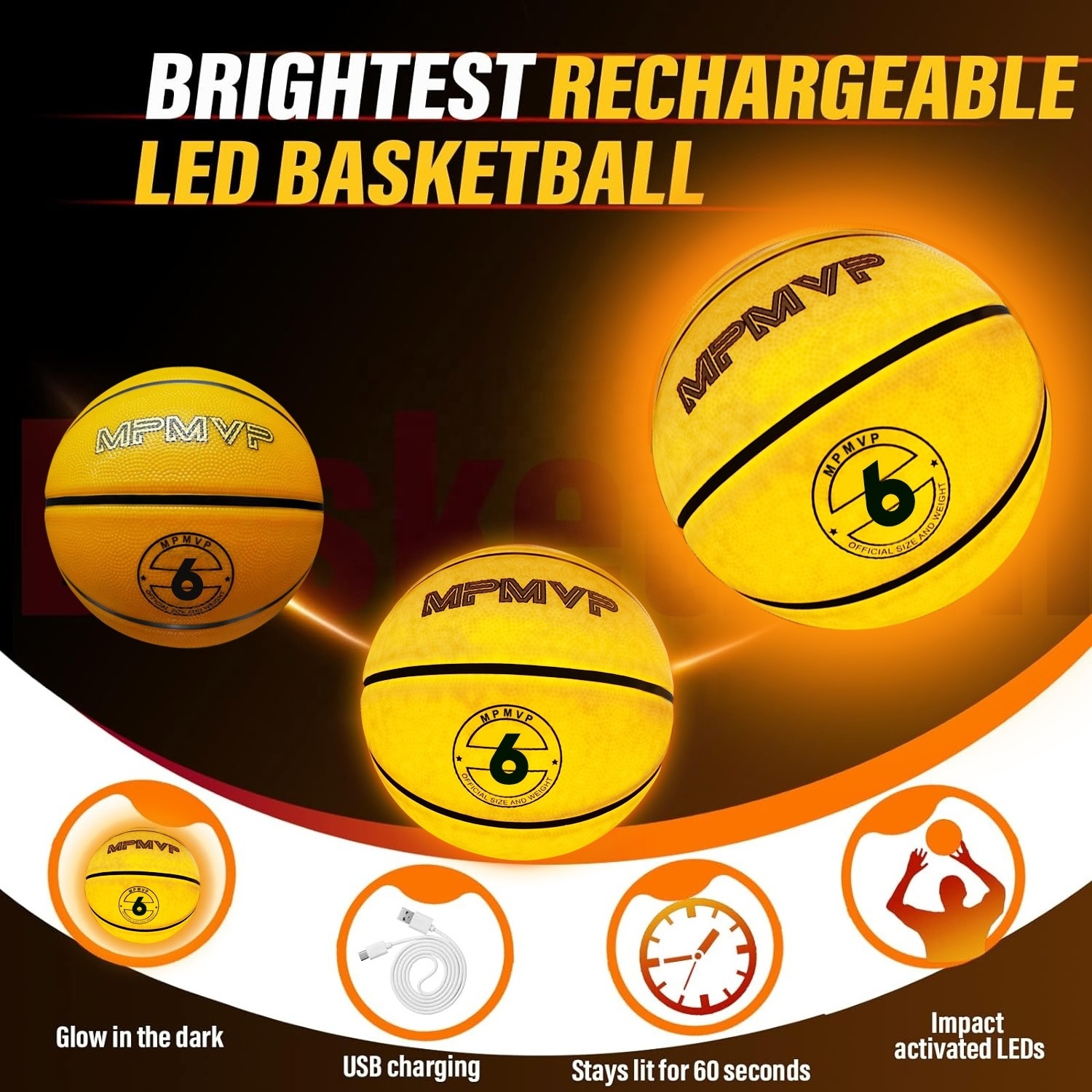 Size 6 Rechargeable Luminous Glowing Yellow LED Light Up Basketball Custom Logo Rubber Glow-in-the-Dark Ball