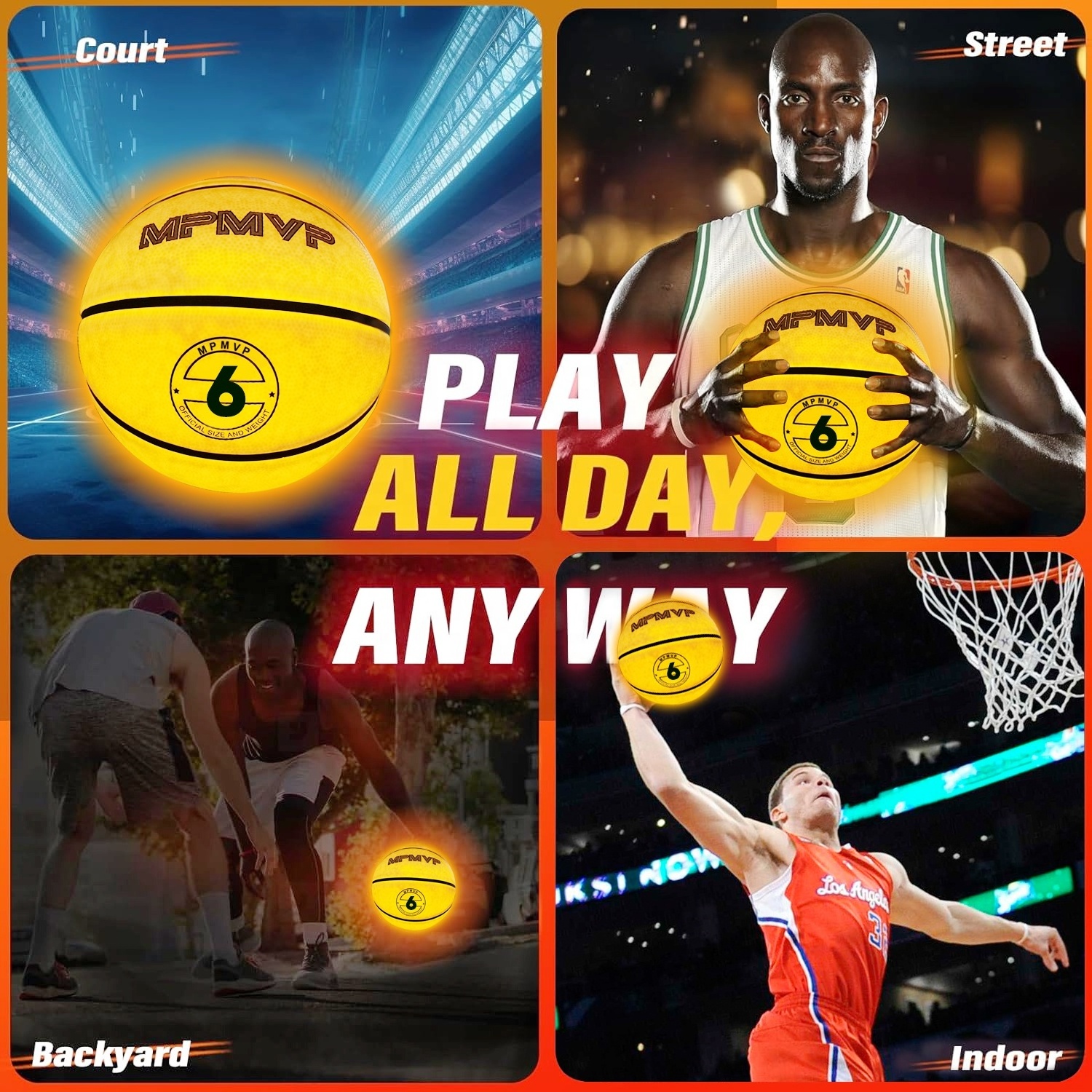 Size 6 Rechargeable Luminous Glowing Yellow LED Light Up Basketball Custom Logo Rubber Glow-in-the-Dark Ball