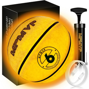 Size 6 Rechargeable Luminous Glowing Yellow LED Light Up Basketball Custom Logo Rubber Glow-in-the-Dark Ball