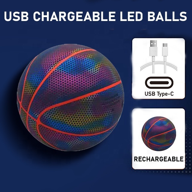 Christmas design Size 7 holographic PU Laminated Soft Touch Indoor Outdoor Customize USB recharging led Basketball Ball