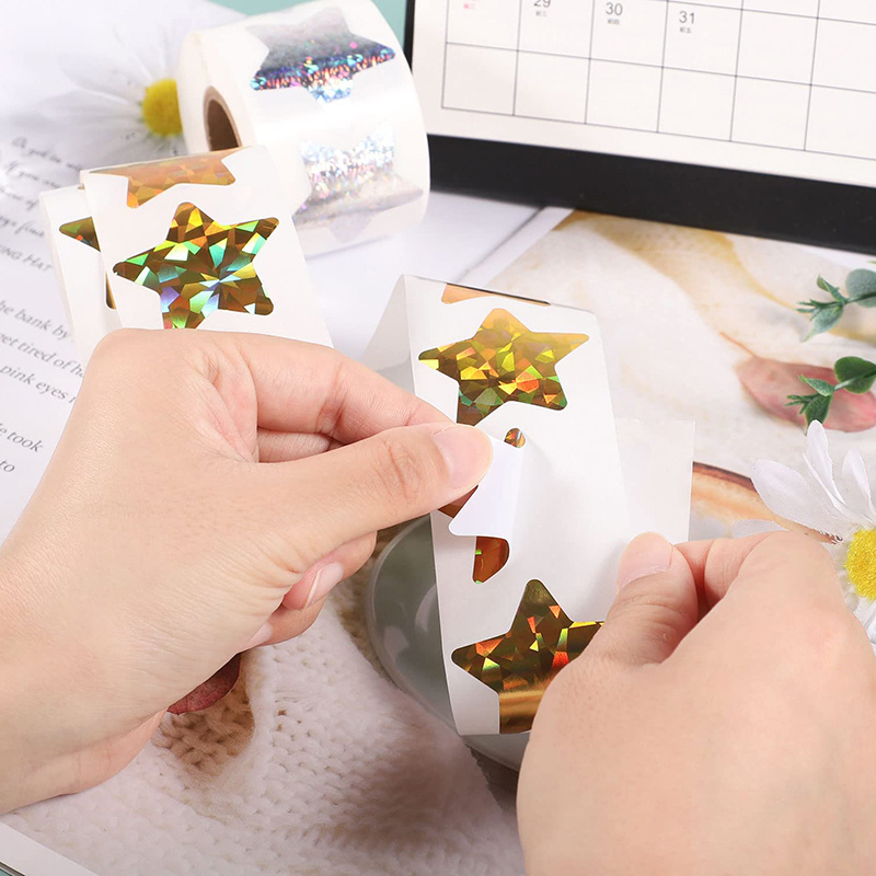 Custom Roll Removable Adhesive Holographic Glitter Gift Decoration Reward Star Stickers For Kids Teachers