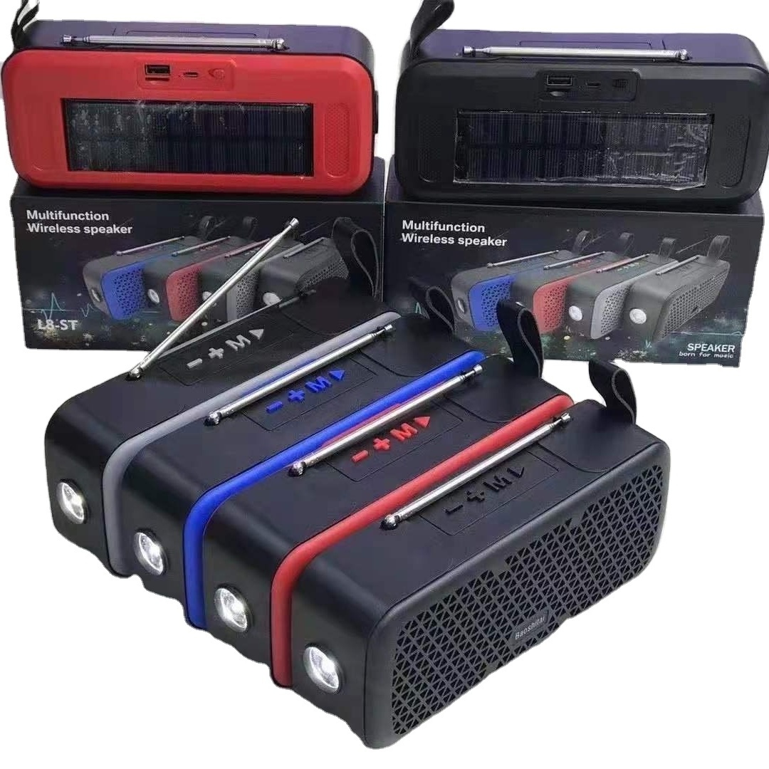 Solar wireless bluetooth speaker supports flashlight USB TF MP3 FM radio player rechargeable wireless FM radio with flash