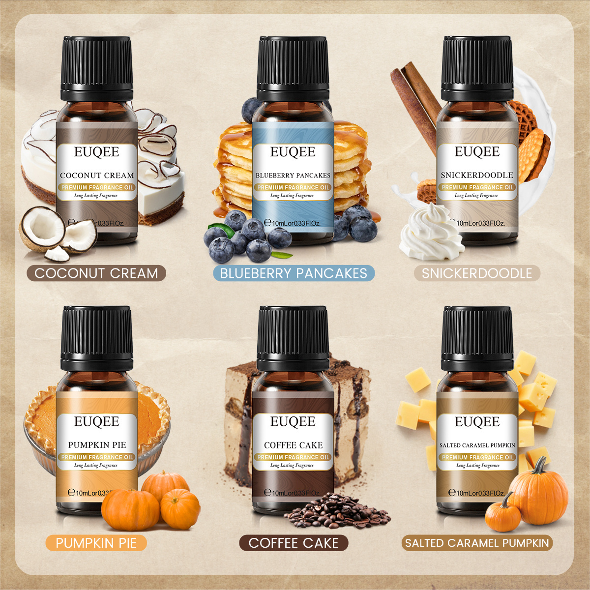 EUQEE Bakery Essential Oil Set Gift Kit Pumpkin Pie Coconut Cream Blueberry Pancakes Bulk Fragrance Oil Gift Set 6 Pack