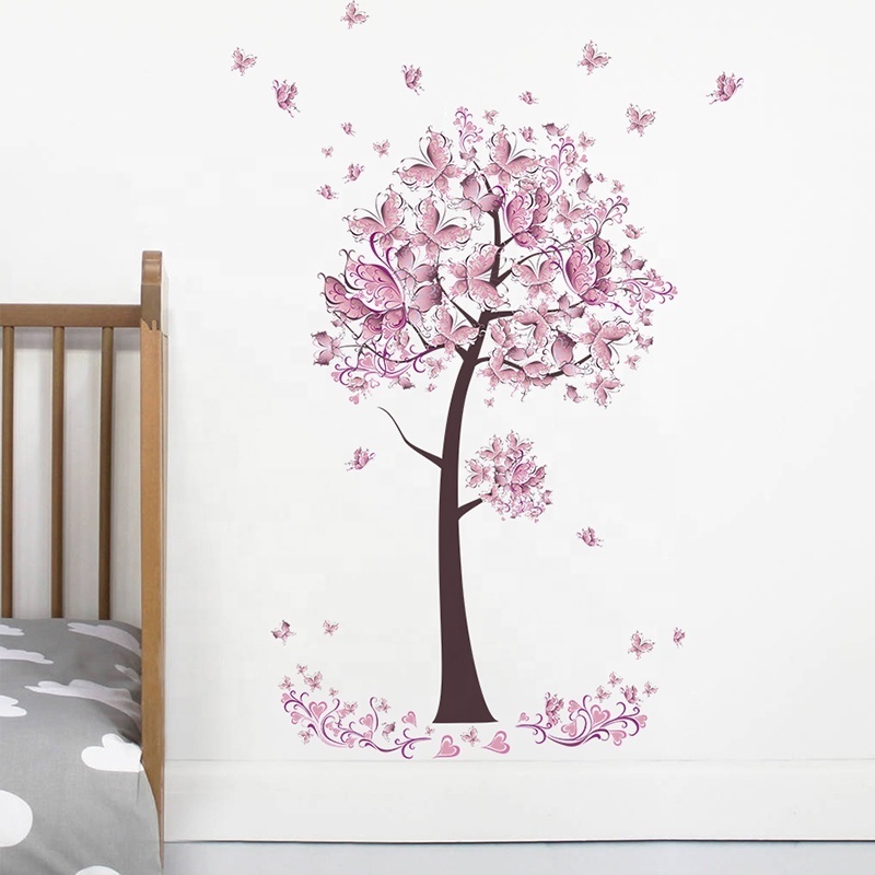 Pink butterfly flower Tree Wall Stickers Decals Girls Women Flower Mural Vinyl Wallpaper Home Living Room Bedroom Decor