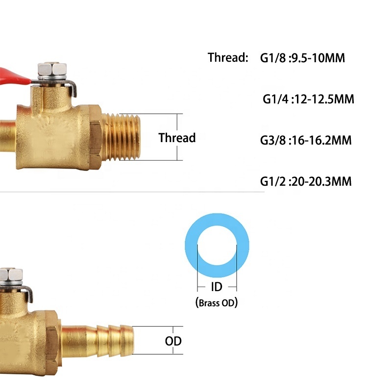 Brass Water Oil Air Gas Fuel Line Shutoff Ball Valve Pipe Fittings Pneumatic Connector Controller Handle 6-12MM Hose Barb Inline