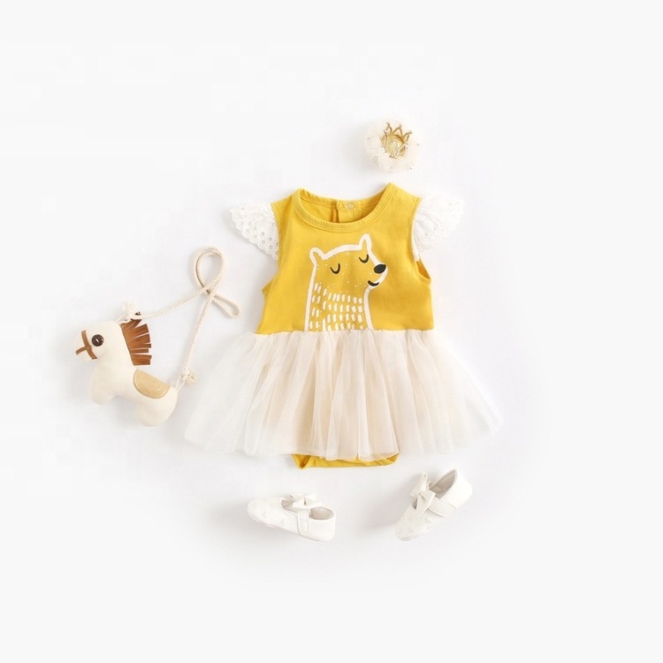 hot sale shortsleeve animal kid lace tutu dress baby romper for girls