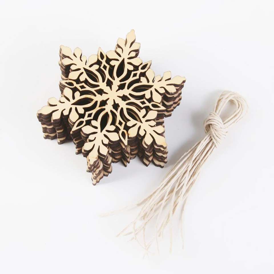 10pcs Merry Christmas Tree Hanging White Snowflake Ornaments Decoration Christmas Holiday Party Home Decor (Wood Color)