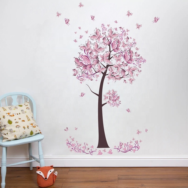 Pink butterfly flower Tree Wall Stickers Decals Girls Women Flower Mural Vinyl Wallpaper Home Living Room Bedroom Decor