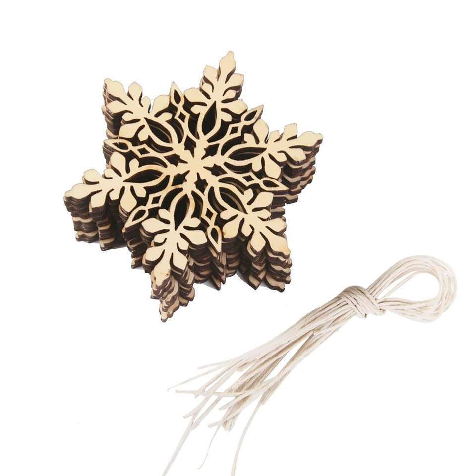 10pcs Merry Christmas Tree Hanging White Snowflake Ornaments Decoration Christmas Holiday Party Home Decor (Wood Color)