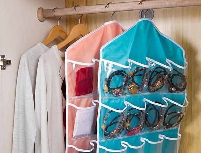 Closet with 16 Pockets, Clear Hanging Bag, Bra, Underwear, Stationery Rack