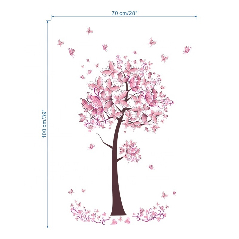 Pink butterfly flower Tree Wall Stickers Decals Girls Women Flower Mural Vinyl Wallpaper Home Living Room Bedroom Decor