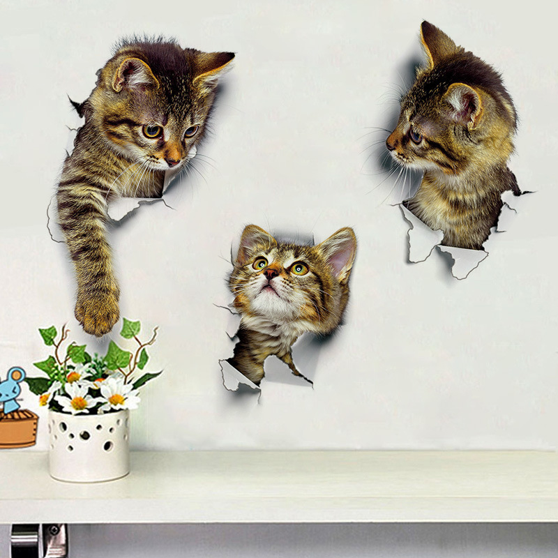 3D Cat Wall Sticker for Bathroom Living Room Decoration Animal Vinyl Art Sticker Poster Cute Toilet Stickers