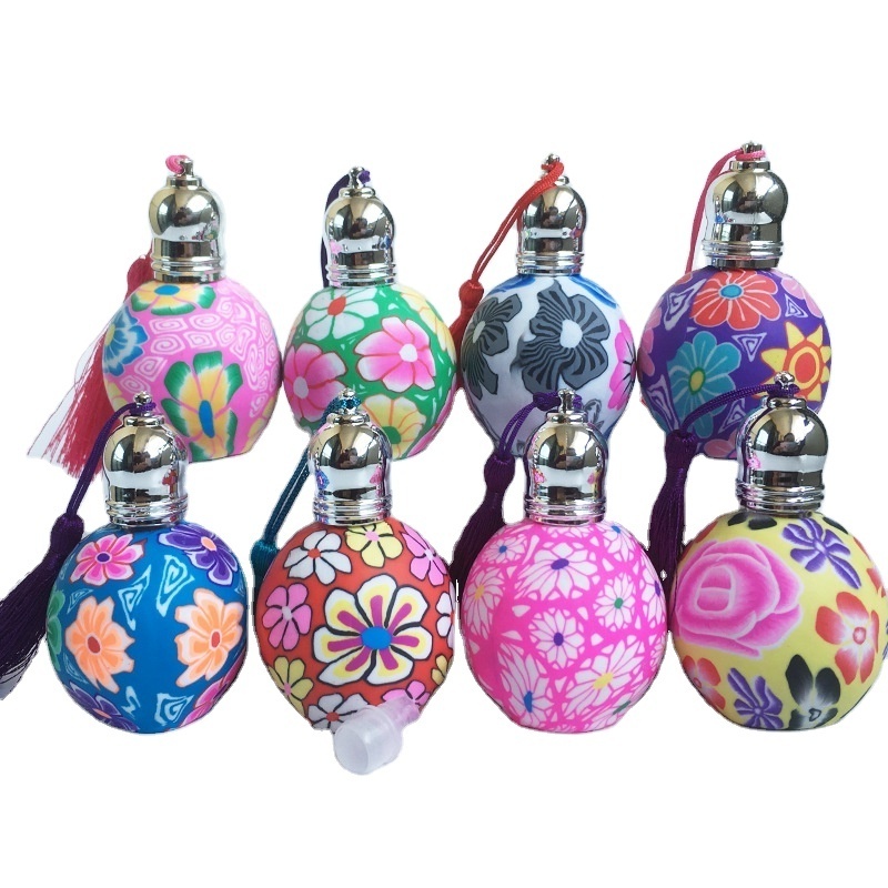 Wholesale sphere shape flower printing with tassels round perfume glass bottle 10ml