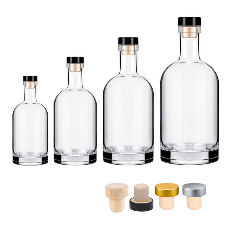 Manufacturer custom round empty gin whiskey liquor bottle gin vodka glass bottle with caps