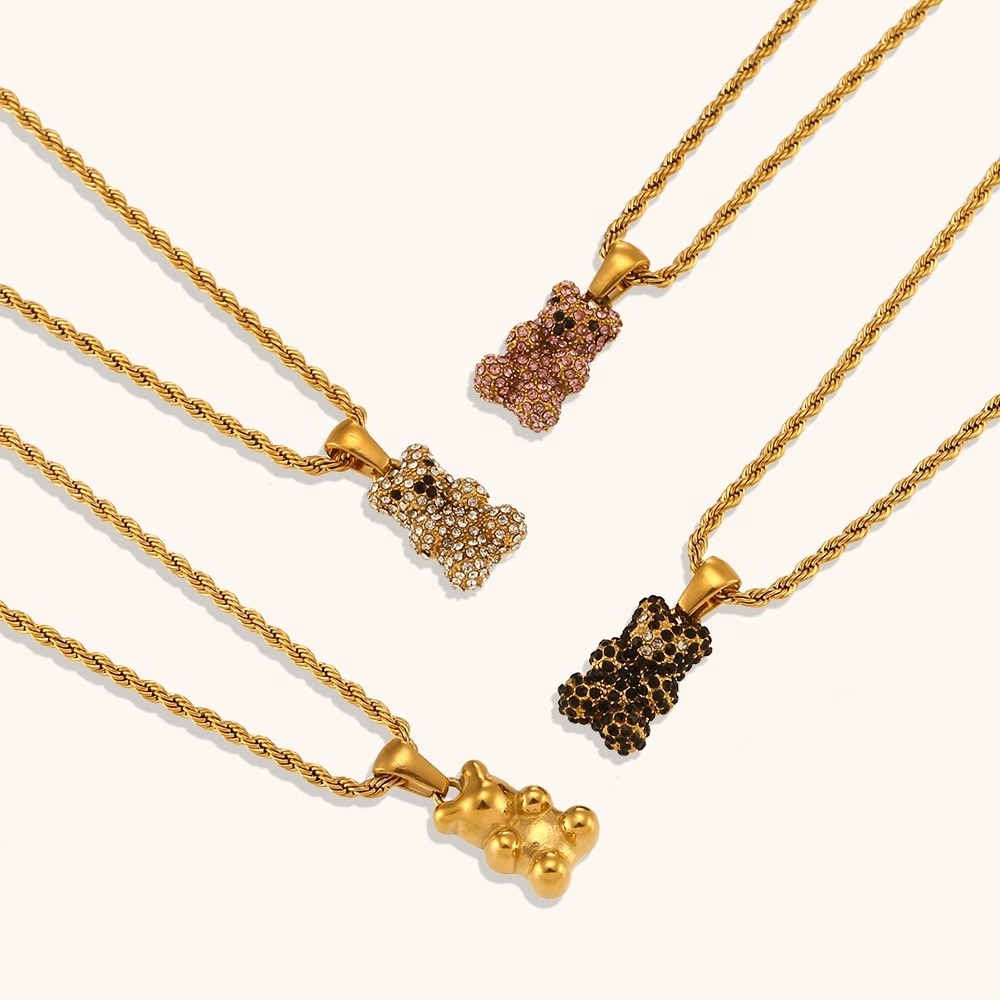 Dingran High Quality Rope Chain Necklace 316l Stainless Steel Gold Plated Cute Bear Pendant Necklaces Jewelry