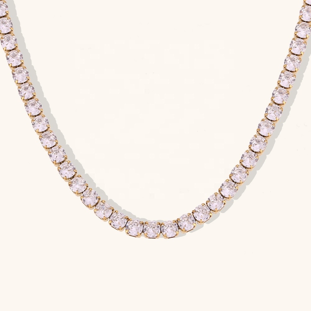 Dingran 2mm 3mm 4mm 5mm Shining Zircon Tennis Chain Necklace 18k Gold Plated Stainless Steel Choker Necklace