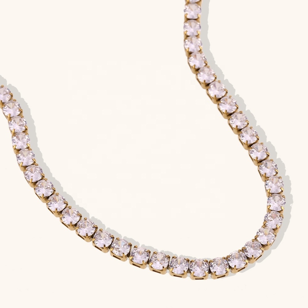 Dingran 2mm 3mm 4mm 5mm Shining Zircon Tennis Chain Necklace 18k Gold Plated Stainless Steel Choker Necklace