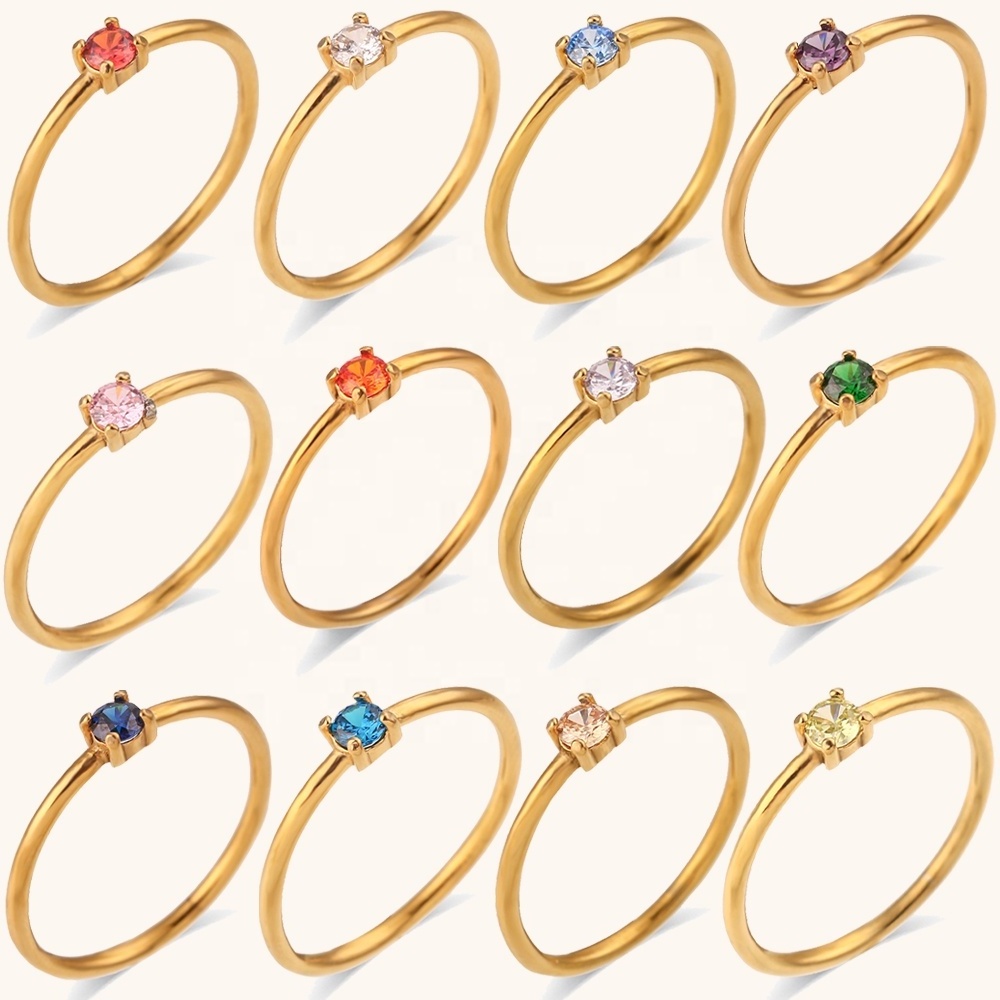 Ding Ran Hot Sale  Small Size Ring Colorful Birth Stone Zircon Rings 18K Gold Plated Stainless Steel Ring Set