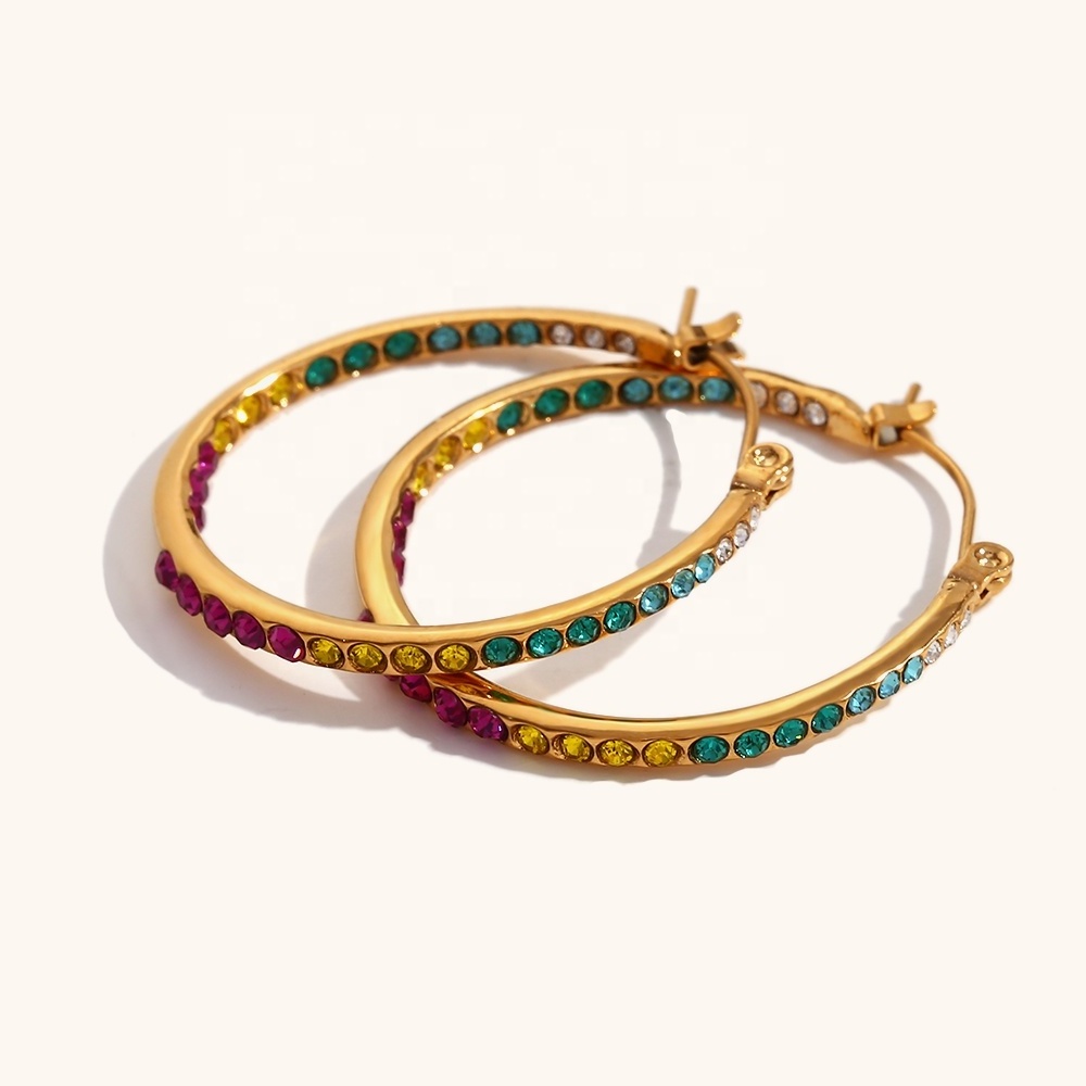 Dingran High Quality Colorful Zircon Hoop Earrings Stainless Steel Gold Plated Large Hoop Earrings