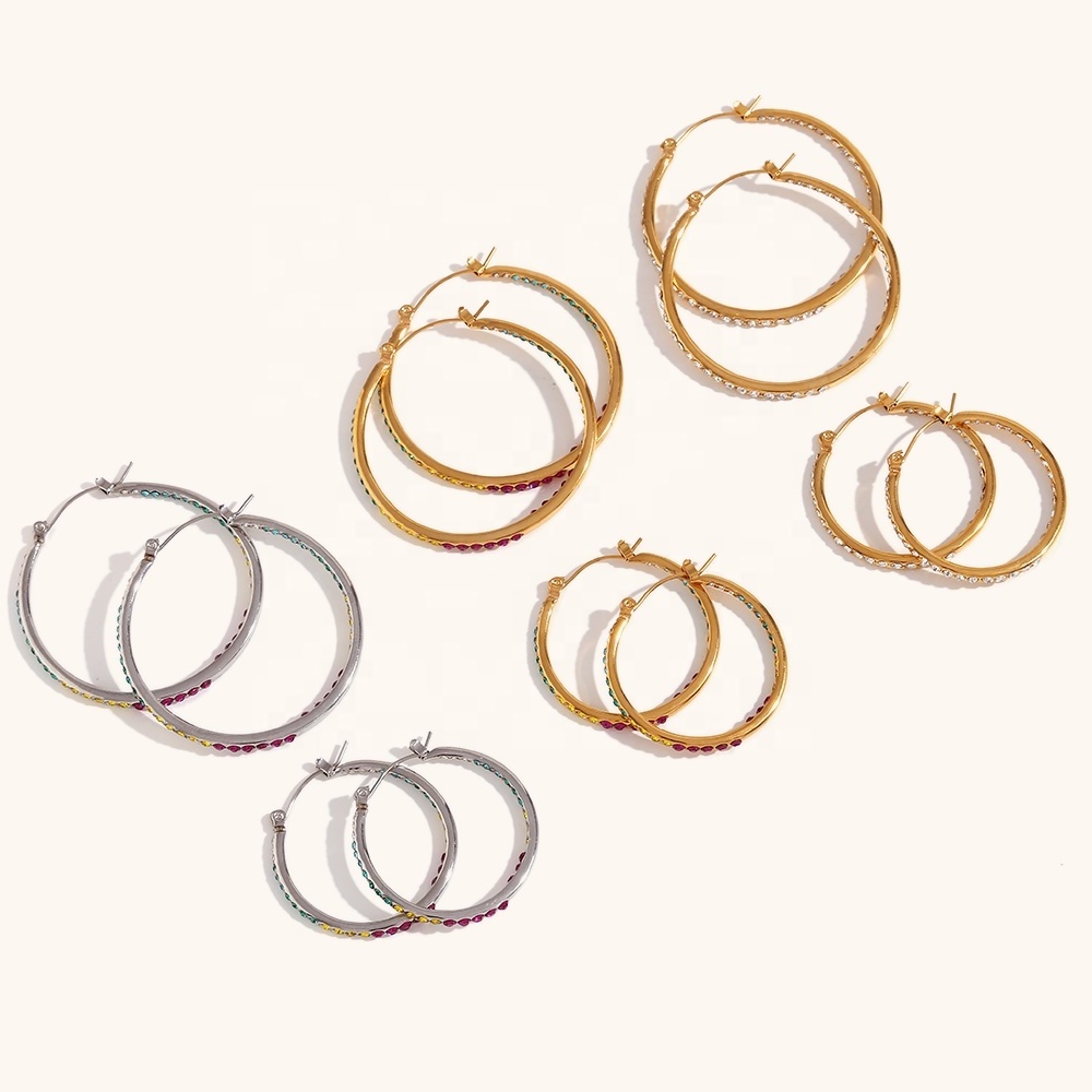 Dingran High Quality Colorful Zircon Hoop Earrings Stainless Steel Gold Plated Large Hoop Earrings