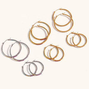 Dingran High Quality Colorful Zircon Hoop Earrings Stainless Steel Gold Plated Large Hoop Earrings