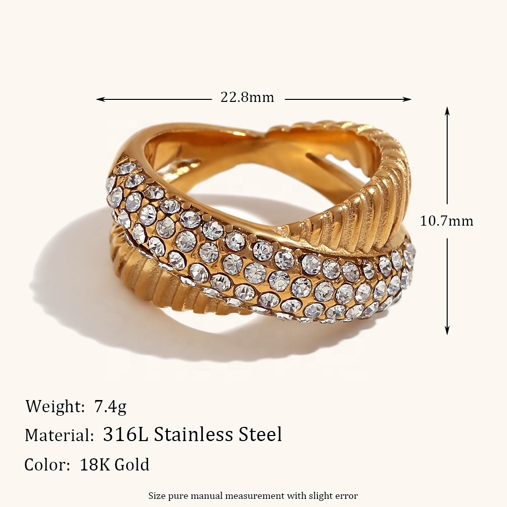 Dingran New Arrival Cross Ring Gold Plated Stainless Steel Crystal Rhinestone Rings For Women anillos acero inoxidable por mayor