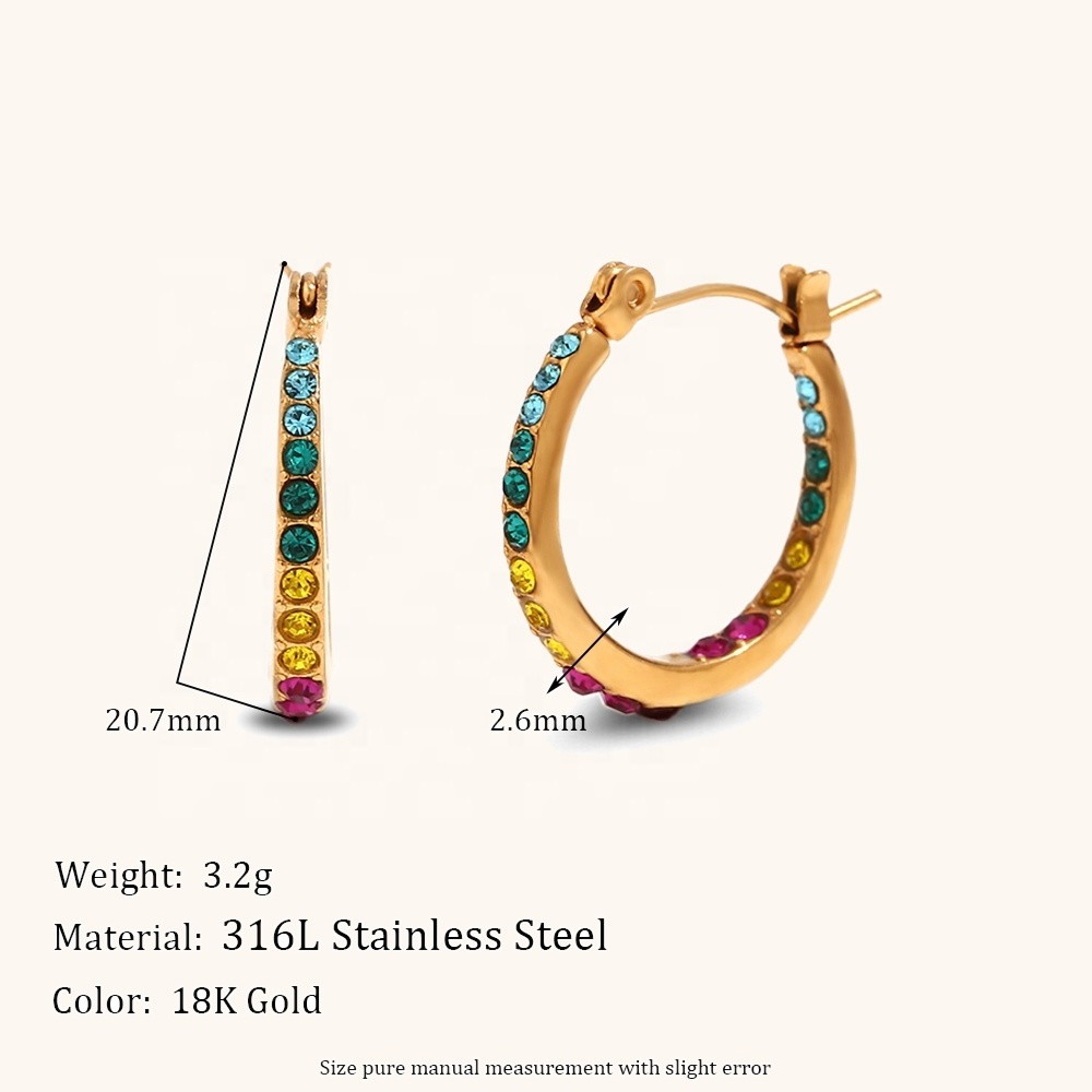 Dingran High Quality Colorful Zircon Hoop Earrings Stainless Steel Gold Plated Large Hoop Earrings