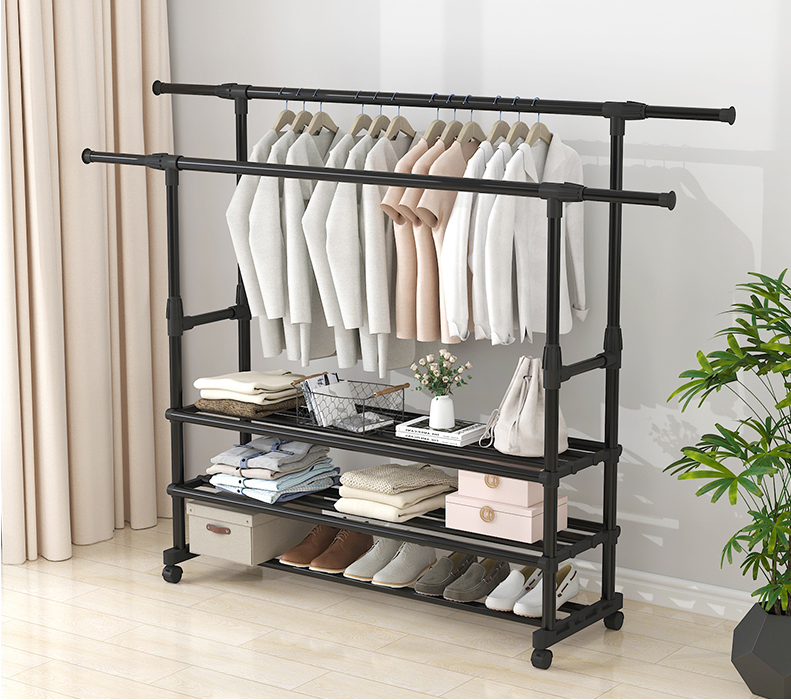 Single Bar Double Pole Metal Black Coating telescopic and adjustable clothes hanger with shoe rack