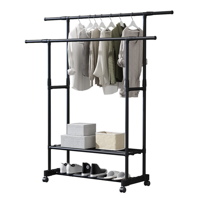 Single Bar Double Pole Metal Black Coating telescopic and adjustable clothes hanger with shoe rack