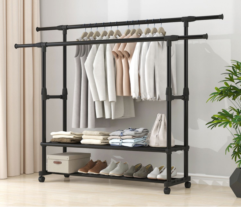 Single Bar Double Pole Metal Black Coating telescopic and adjustable clothes hanger with shoe rack