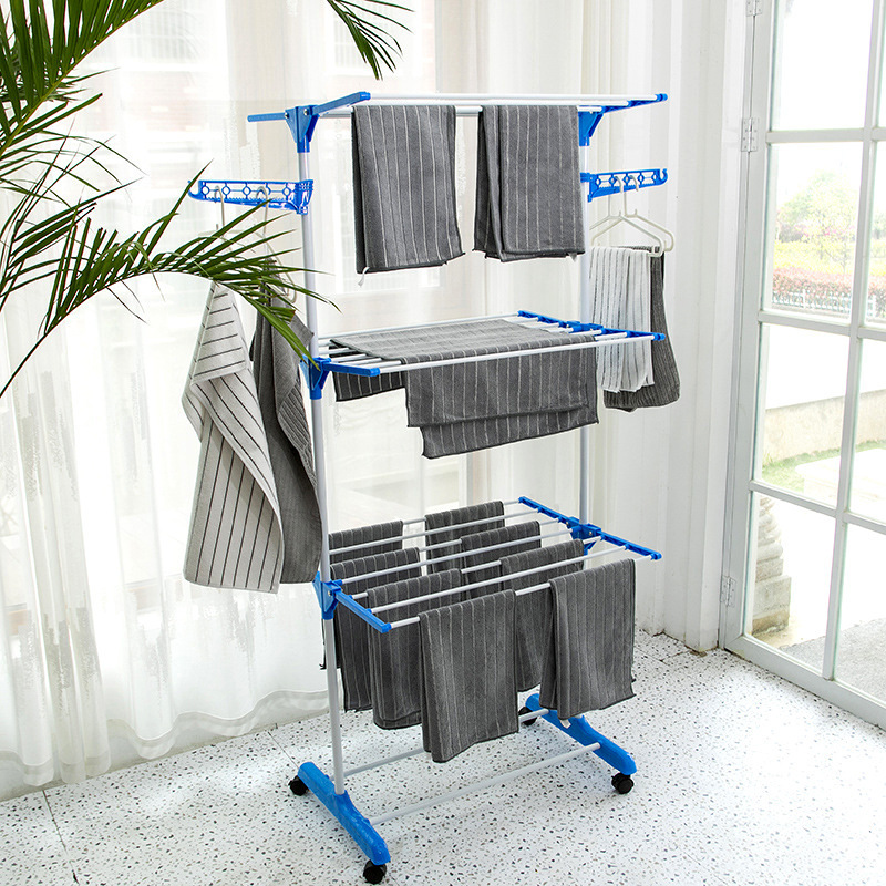 Foldable Multi-layer rolling collapsible clothes drying rack stand indoor outdoor dark grey metal laundry rack