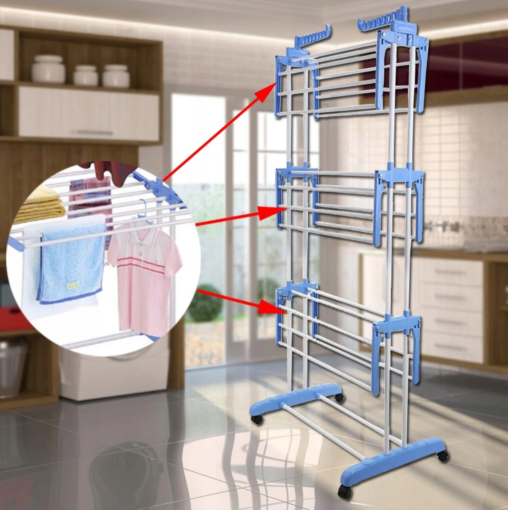 Factory direct supply mobile multi-layer drying rack towel floor folding double pole three layer drying rack hanger