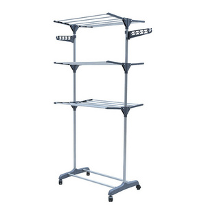 Foldable Multi-layer rolling collapsible clothes drying rack stand indoor outdoor dark grey metal laundry rack