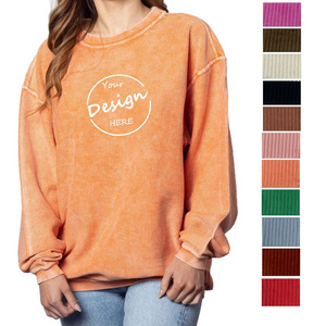 Embroidered Corduroy Jumper Baggy Oversized Custom Plain Ribbed Heavyweight 400GSM Corded Crew Neck Sweatshirt For Women