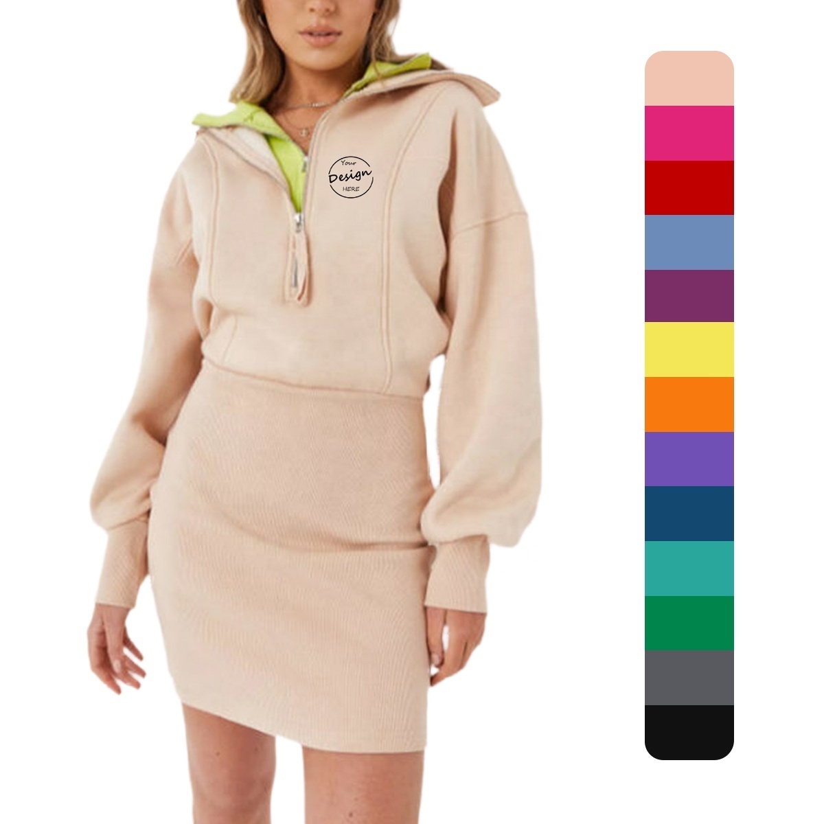 Wholesale Women's Hoodies Dress Sweatshirt Women's Slim Fit Hoodie Dress Solid Color Drop Shoulder Zipper Women Hoodie Dress