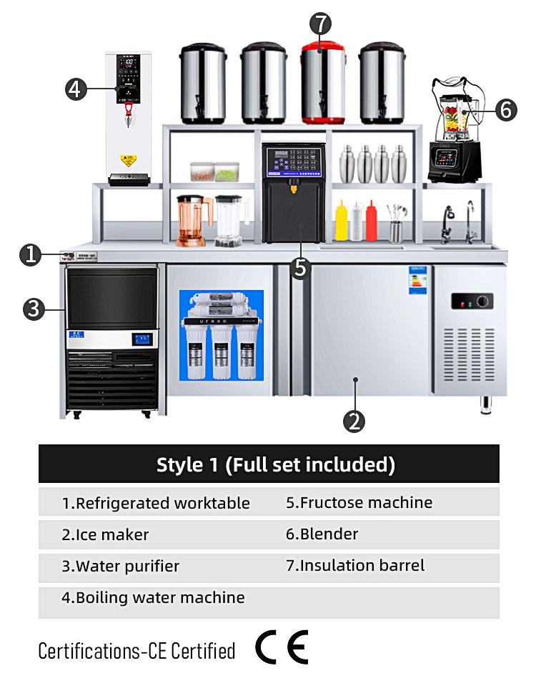 HENGZHI High Quality Commercial 304 Stainless Steel Full Set Boba Tea Machine Work Table Bubble Tea Bar Counter for Sale