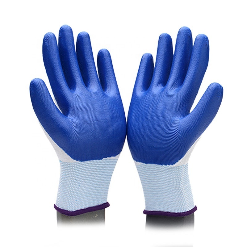 Oil and acid resistant blue nitrile semi-covered protective gloves