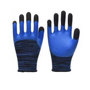 Thirteen needle breathable blue polyester gloves covered with latex to strengthen fingers.