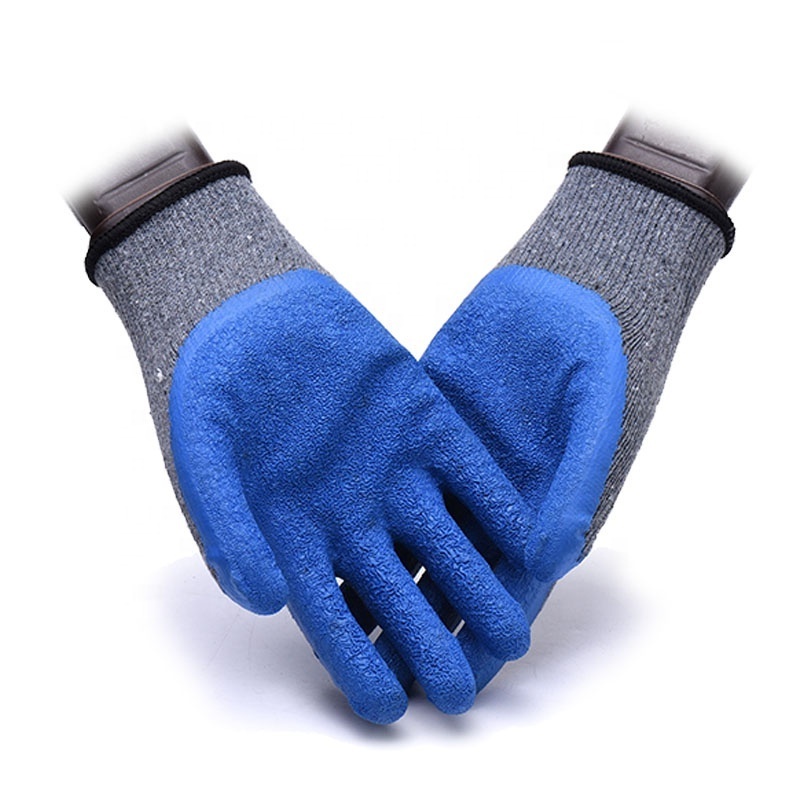 Ten needle gray polyester gloves covered with 100% blue latex texture  protective gloves